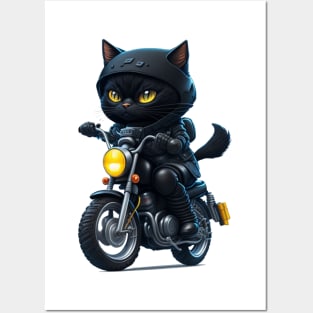 Funny Cute Black Cat Riding Motorcycle Posters and Art